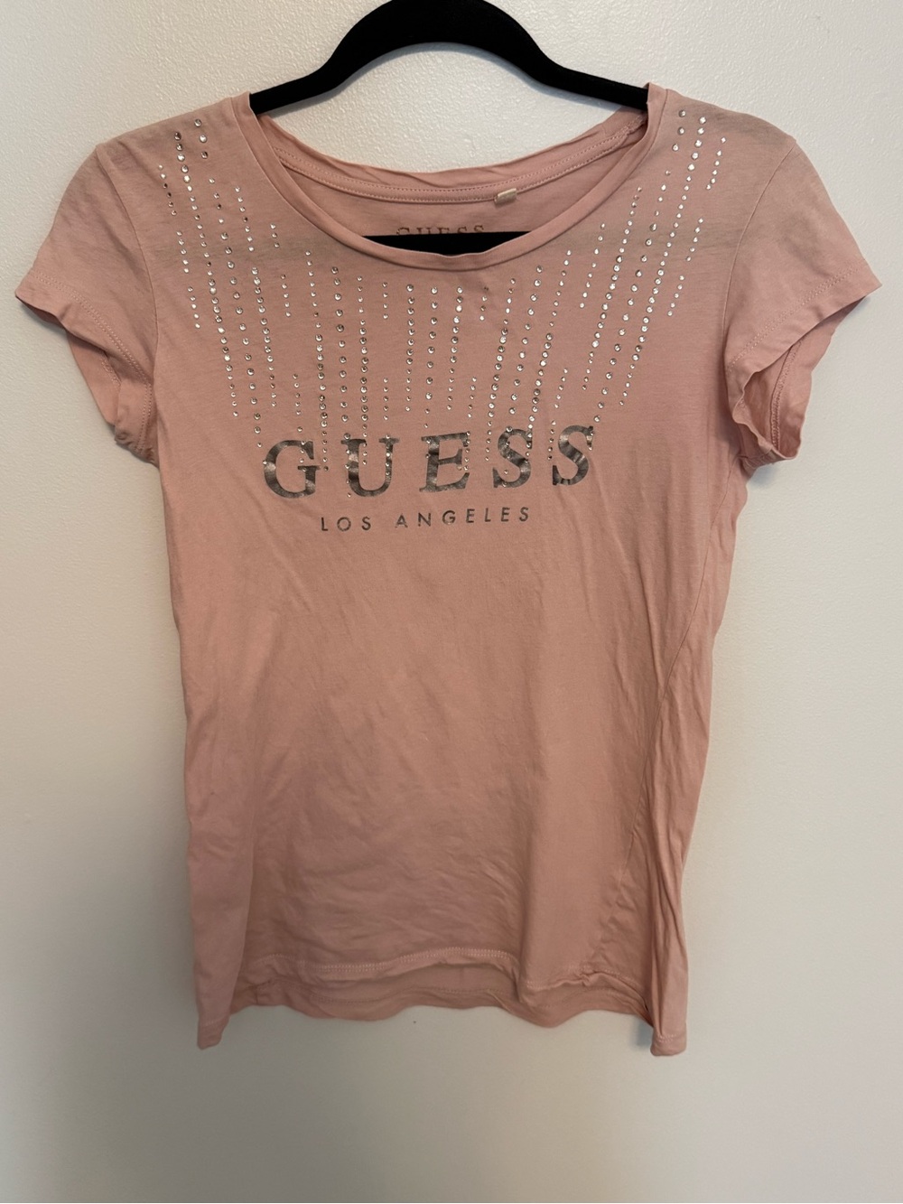 GUESS Blush Pink Rhinestone Logo Short Sleeve Tee